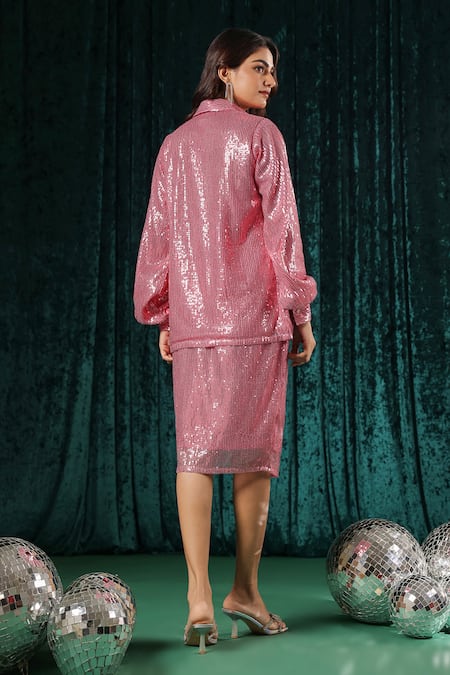 Shop_B'Infinite_Pink Sequenced Lycra Embellished Sequins Shirt Collar Skirt Set _at_Aza_Fashions