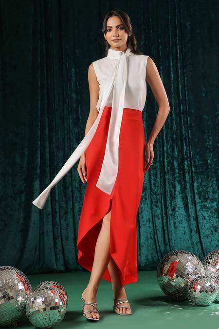 Shop_B'Infinite_White Cotton High Neck Collar Top And Asymmetric Skirt Set _Online_at_Aza_Fashions