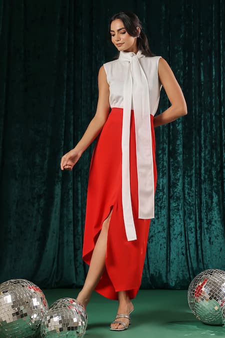 Buy_B'Infinite_White Cotton High Neck Collar Top And Asymmetric Skirt Set 