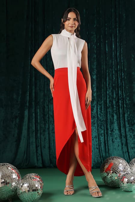 B'Infinite Red Asymmetric Midi Skirt 