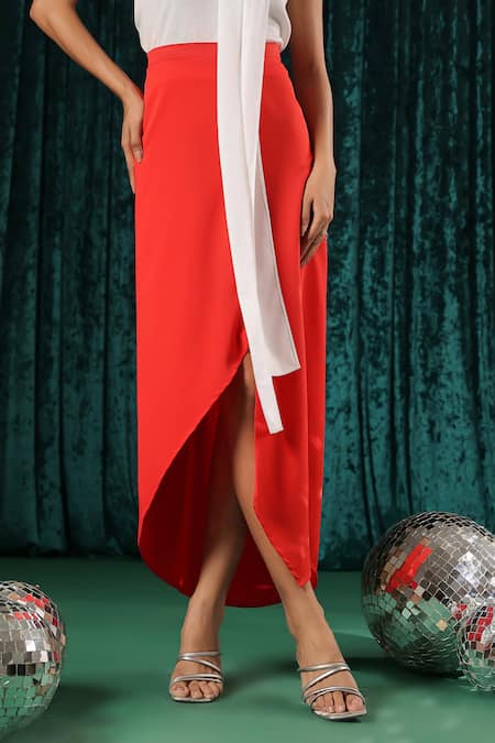 Shop_B'Infinite_Red Crepe Asymmetric Midi Skirt _at_Aza_Fashions