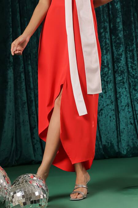 B'Infinite_Red Crepe Asymmetric Midi Skirt _at_Aza_Fashions