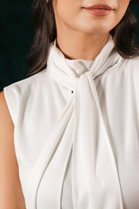 Shop_B'Infinite_White Cotton High Collar Neck Pearl Draped Top _Online_at_Aza_Fashions