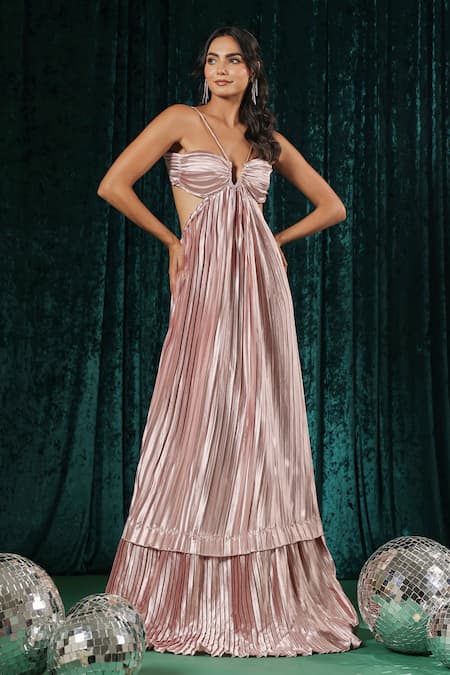 B'Infinite Pink Satin V-neck Metallic Pleated Cutout Maxi Dress Online at Aza Fashions B'Infinite_Pink Satin V-neck Metallic Pleated Cutout Maxi Dress _Online_at_Aza_Fashions