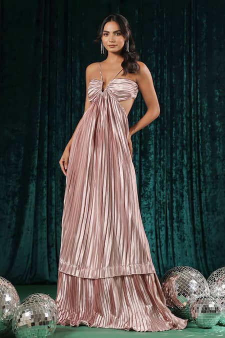 Buy B'Infinite Pink Satin V-neck Metallic Pleated Cutout Maxi Dress Online at Aza Fashions Buy_B'Infinite_Pink Satin V-neck Metallic Pleated Cutout Maxi Dress _Online_at_Aza_Fashions