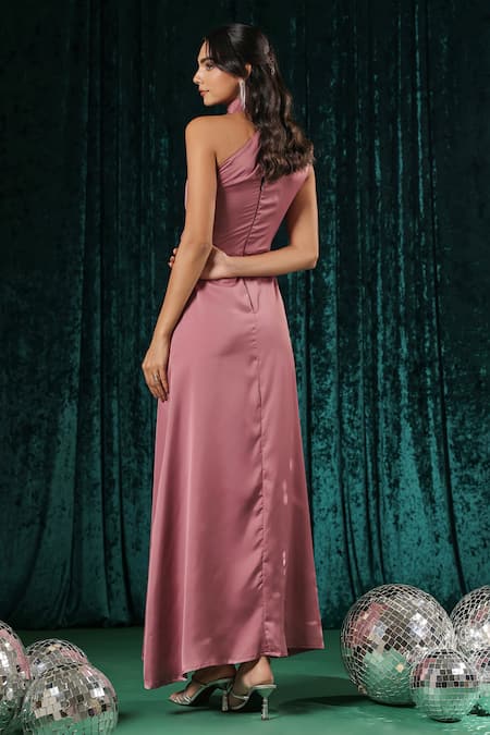 Shop_B'Infinite_Pink Satin Asymmetric One Shoulder Maxi Dress _at_Aza_Fashions