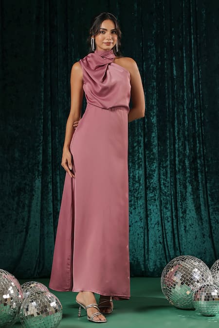 B'Infinite_Pink Satin Asymmetric One Shoulder Maxi Dress _Online_at_Aza_Fashions