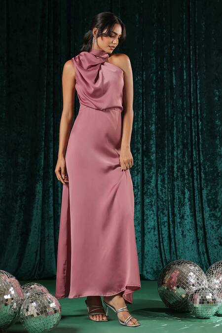 Buy_B'Infinite_Pink Satin Asymmetric One Shoulder Maxi Dress _Online_at_Aza_Fashions