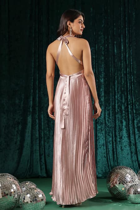 Shop B'Infinite Pink Satin Open Neck Metallic Pleated Maxi Dress at Aza Fashions Shop_B'Infinite_Pink Satin Open Neck Metallic Pleated Maxi Dress_at_Aza_Fashions