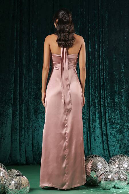 Shop_B'Infinite_Pink Satin Halter Cutout Neck Maxi Dress _at_Aza_Fashions