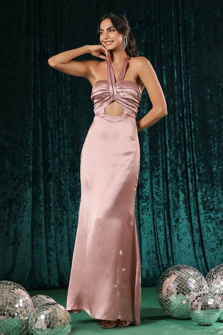 Shop_B'Infinite_Pink Satin Halter Cutout Neck Maxi Dress _Online_at_Aza_Fashions