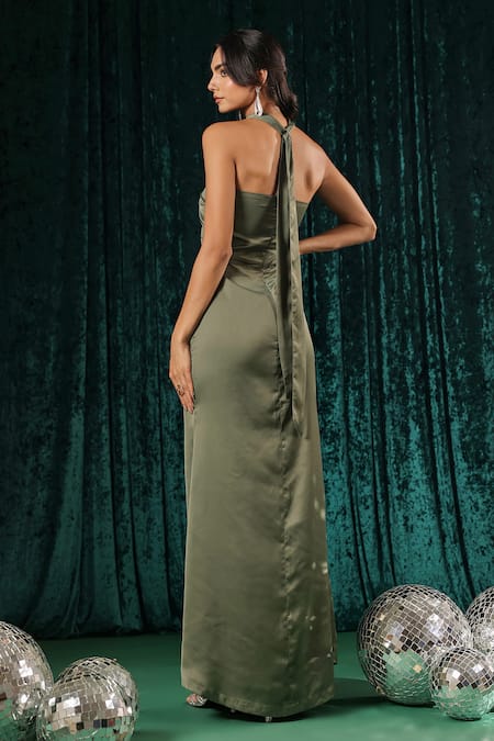 Shop_B'Infinite_Green Satin Halter Neck Front Cutout Maxi Dress _at_Aza_Fashions