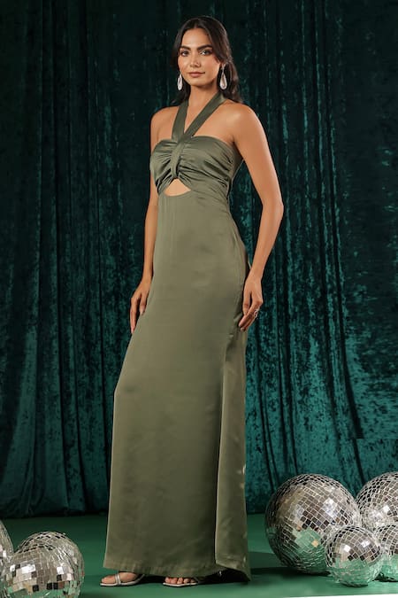 Shop_B'Infinite_Green Satin Halter Neck Front Cutout Maxi Dress _Online_at_Aza_Fashions