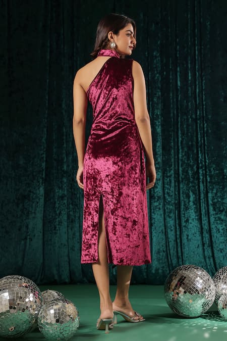 Shop_B'Infinite_Maroon Velvet Ruffles Asymmetric Dress _at_Aza_Fashions
