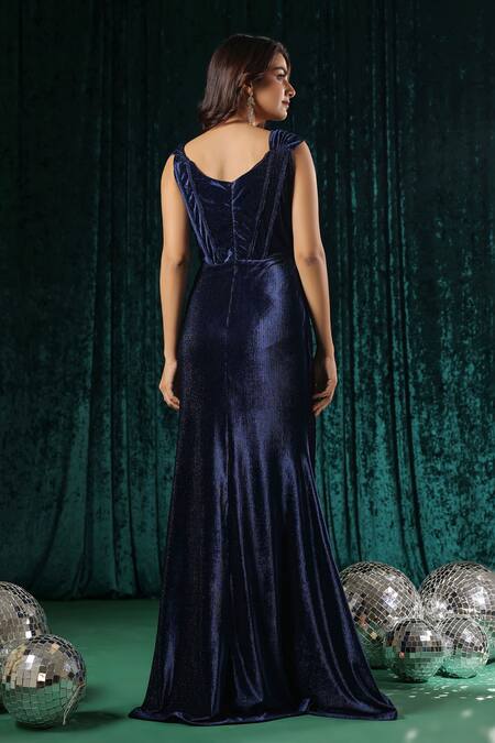 Shop_B'Infinite_Blue Velvet Sweetheart Neck Dress _at_Aza_Fashions