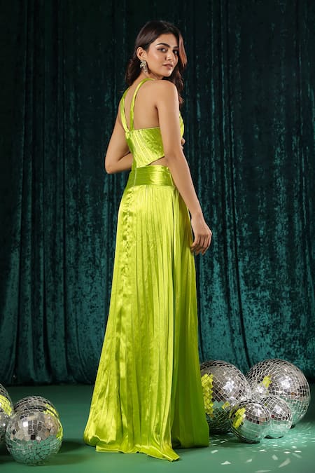 Shop_B'Infinite_Green Satin Halter Neck Pleated Maxi Dress _at_Aza_Fashions