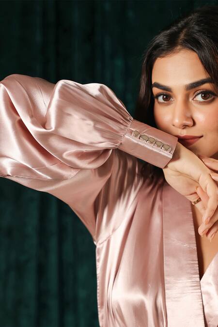 B'Infinite_Pink Satin Overlap Tiered Wrap Dress _at_Aza_Fashions