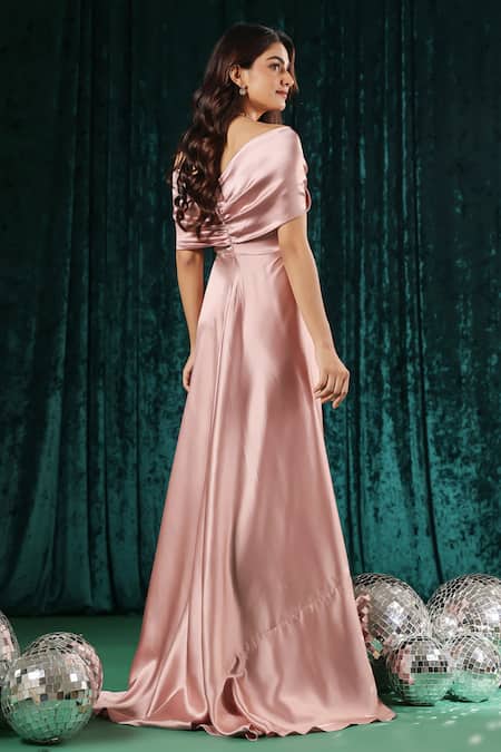 Shop B'Infinite Pink Satin Off-shoulder Off Maxi Dress at Aza Fashions Shop_B'Infinite_Pink Satin Off-shoulder Off Maxi Dress _at_Aza_Fashions