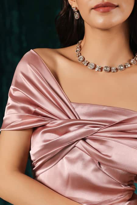 Buy B'Infinite Pink Satin Off-shoulder Off Maxi Dress Online at Aza Fashions Buy_B'Infinite_Pink Satin Off-shoulder Off Maxi Dress _Online_at_Aza_Fashions