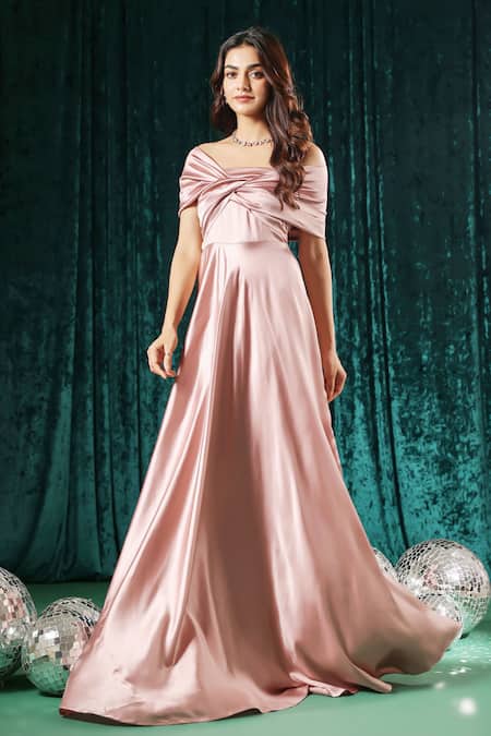 Shop B'Infinite Pink Satin Off-shoulder Off Maxi Dress Online at Aza Fashions Shop_B'Infinite_Pink Satin Off-shoulder Off Maxi Dress _Online_at_Aza_Fashions