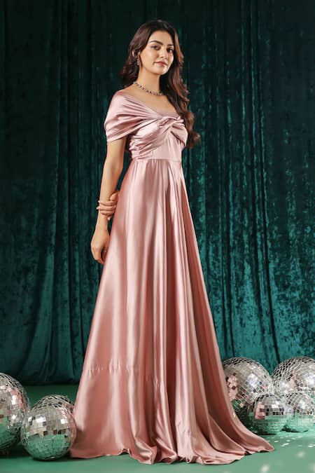B'Infinite Pink Satin Off-shoulder Off Maxi Dress at Aza Fashions B'Infinite_Pink Satin Off-shoulder Off Maxi Dress _at_Aza_Fashions