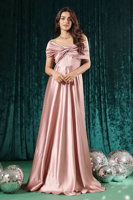 Buy B'Infinite Pink Satin Off-shoulder Off Maxi Dress Buy_B'Infinite_Pink Satin Off-shoulder Off Maxi Dress