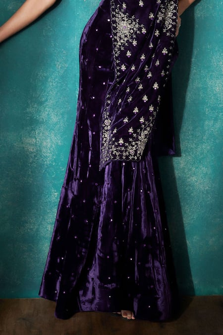 Buy_Sawan Gandhi_Purple Velvet Sequins, Cut Work, Embroidery Round Neck Kurta And Sharara Set_Online_at_Aza_Fashions