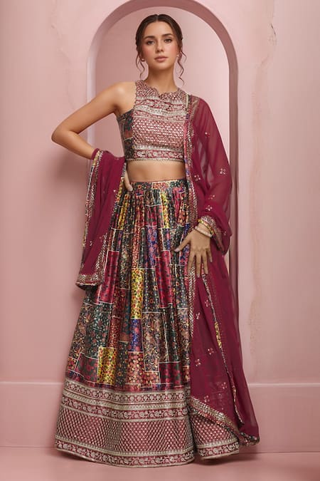 Samyukta Singhania Multi Color Blouse And Lehenga Dull Satin Printed Floral Round Jaal Set 