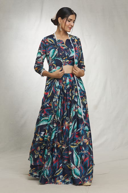 Buy Samyukta Singhania Blue Georgette Lace Split V-neck Foliage Print Cape Lehenga Set Buy_Samyukta Singhania_Blue Georgette Lace Split V-neck Foliage Print Cape Lehenga Set