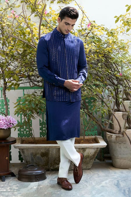 Philocaly_Blue Cotton, Silk Sequins Embroidered Bundi _at_Aza_Fashions