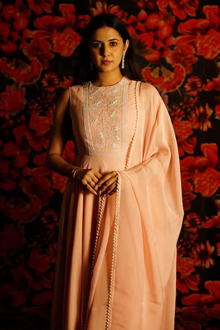 House Of TA-YA Floral Embroidered Peach Anarkali Set 