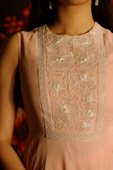 House Of TA-YA_Peach Georgette, Viscose Pearls, Cut Work Round Floral Embroidered Anarkali Set _Online_at_Aza_Fashions