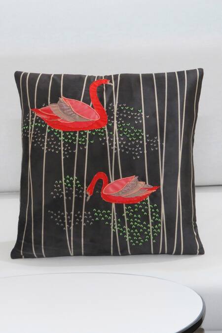 Mid July Home Black Premium Velvet Embroidery Swan Serenade Cushion Covers - Set Of 2 Online at Aza Fashions Mid July Home_Black Premium Velvet Embroidery Swan Serenade Cushion Covers - Set Of 2_Online_at_Aza_Fashions
