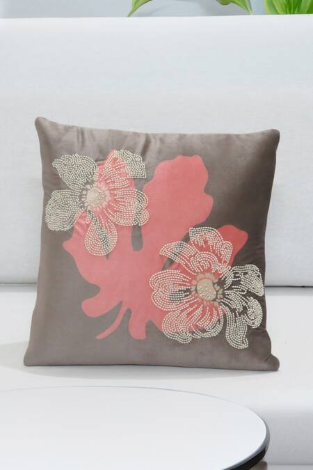 Shop Mid July Home Grey Premium Velvet Print, Embroidery Dawn Bloom Cushion Cover at Aza Fashions Shop_Mid July Home_Grey Premium Velvet Print, Embroidery Dawn Bloom Cushion Cover_at_Aza_Fashions