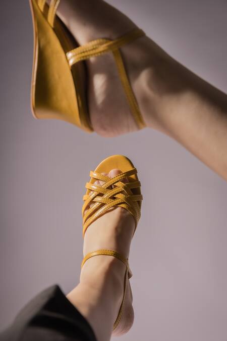 Buy_The Frou Frou Studio_Yellow Vegan Leather Criss-cross Wedges_Online_at_Aza_Fashions