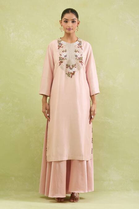 Prisho_Pink Chiffon Embroidery, Zari, Sequins, Beads Round Neck Floral Kurta Set _Online_at_Aza_Fashions