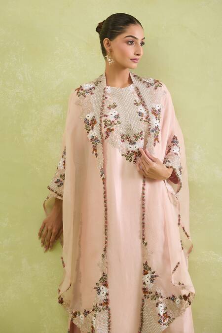 Buy_Prisho_Pink Chiffon Embroidery, Zari, Sequins, Beads Round Neck Floral Kurta Set _Online_at_Aza_Fashions