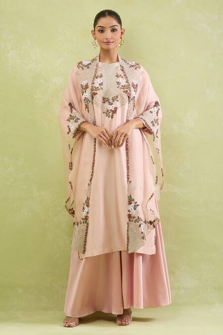 Prisho_Pink Chiffon Embroidery, Zari, Sequins, Beads Round Neck Floral Kurta Set _at_Aza_Fashions