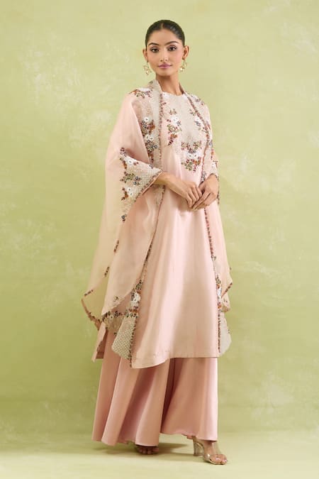 Buy_Prisho_Pink Chiffon Embroidery, Zari, Sequins, Beads Round Neck Floral Kurta Set 