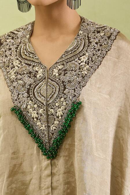 Prisho_Brown Tissue Beads V-neck Zardozi Embroidered Kaftan And Draped Pant Set _Online_at_Aza_Fashions