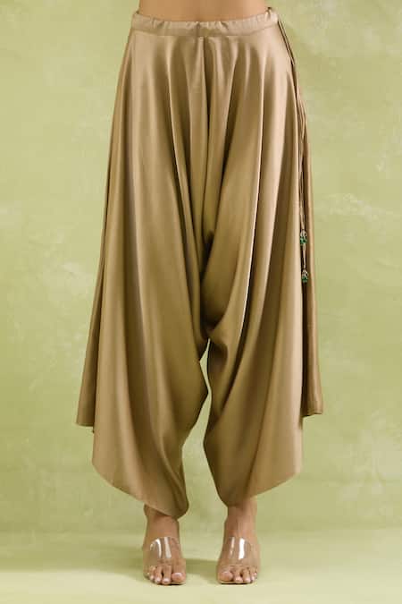 Buy_Prisho_Brown Tissue Beads V-neck Zardozi Embroidered Kaftan And Draped Pant Set _Online_at_Aza_Fashions