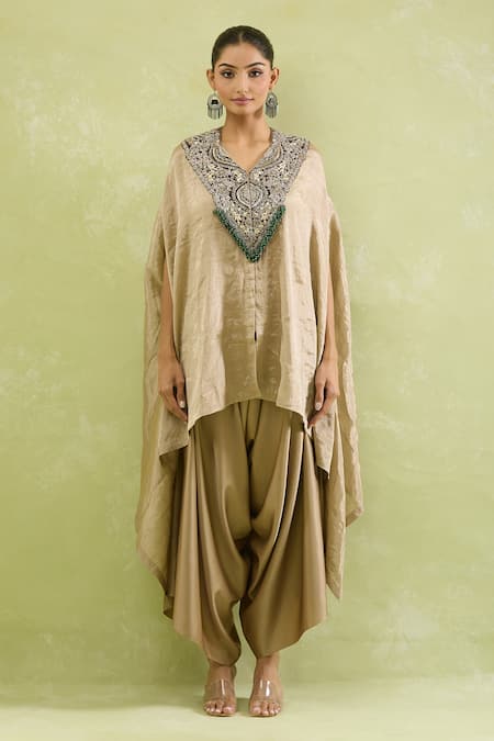 Shop_Prisho_Brown Tissue Beads V-neck Zardozi Embroidered Kaftan And Draped Pant Set _Online_at_Aza_Fashions