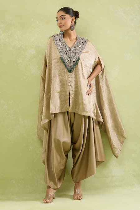 Prisho_Brown Tissue Beads V-neck Zardozi Embroidered Kaftan And Draped Pant Set _at_Aza_Fashions