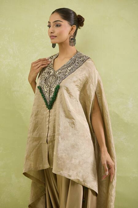 Buy_Prisho_Brown Tissue Beads V-neck Zardozi Embroidered Kaftan And Draped Pant Set 