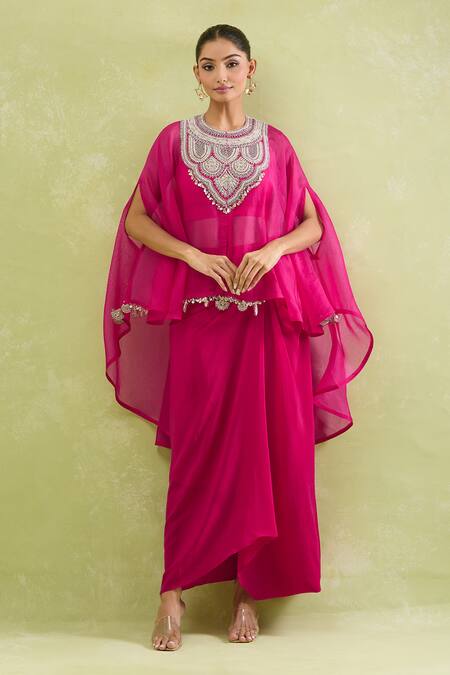Prisho Pink Chiffon, Georgette Sequins, Zari, Embroidery Zardozi Kaftan And Blouse Set at Aza Fashions Prisho_Pink Chiffon, Georgette Sequins, Zari, Embroidery Zardozi Kaftan And Blouse Set _at_Aza_Fashions
