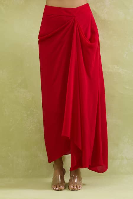 Prisho_Red Chiffon Zari, Beads, Sequins Scoop Neck Zardozi Embroidered Cape Skirt Set _Online_at_Aza_Fashions