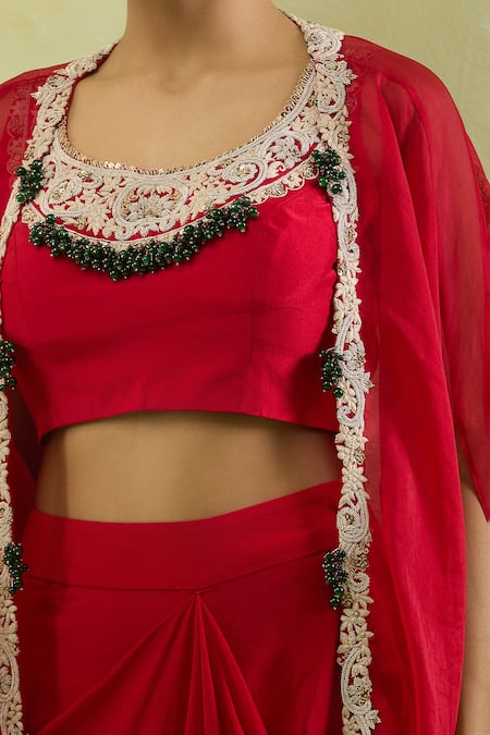 Buy_Prisho_Red Chiffon Zari, Beads, Sequins Scoop Neck Zardozi Embroidered Cape Skirt Set _Online_at_Aza_Fashions