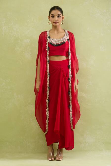 Shop_Prisho_Red Chiffon Zari, Beads, Sequins Scoop Neck Zardozi Embroidered Cape Skirt Set _Online_at_Aza_Fashions