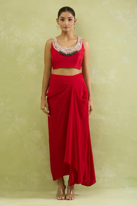Buy_Prisho_Red Chiffon Zari, Beads, Sequins Scoop Neck Zardozi Embroidered Cape Skirt Set 