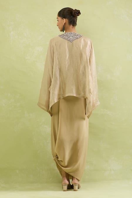 Shop_Prisho_Gold Silk Beads, Sequins Round Neck Zardozi Embroidered Kaftan Skirt Set _at_Aza_Fashions